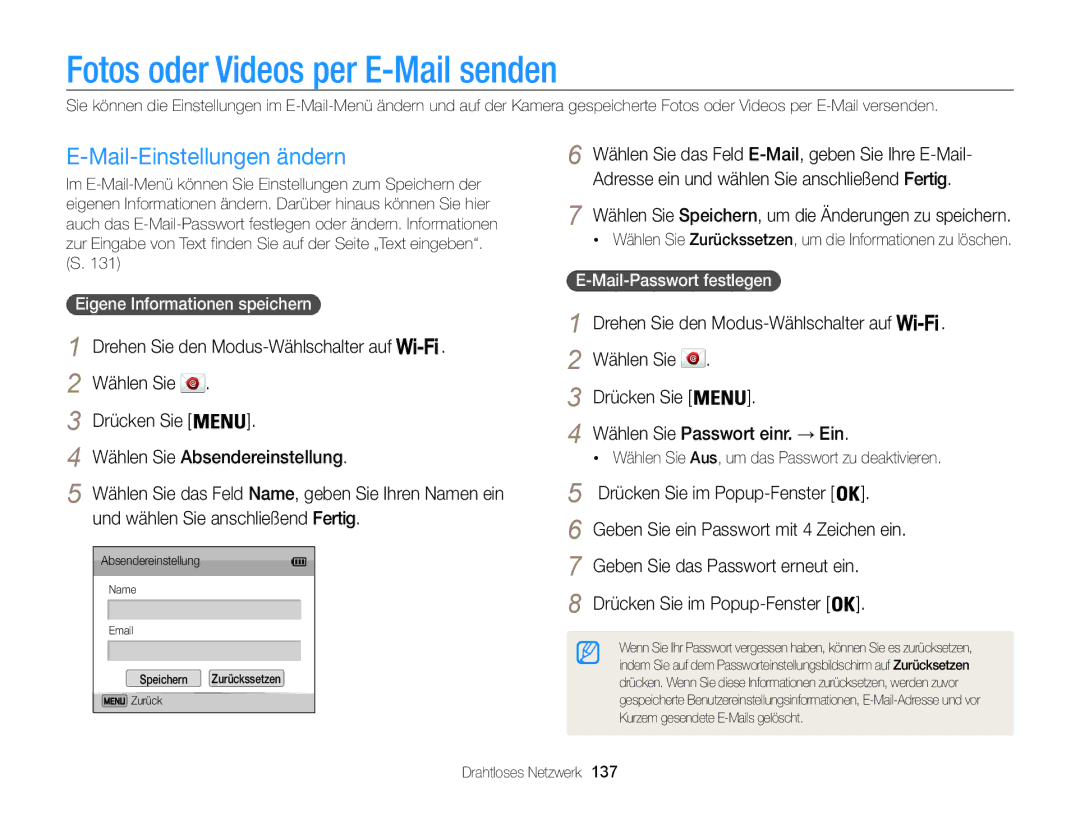 Samsung WB850F, WB855F manual Fotos oder Videos per E-Mail senden, Mail-Einstellungen ändern, Eigene Informationen speichern 