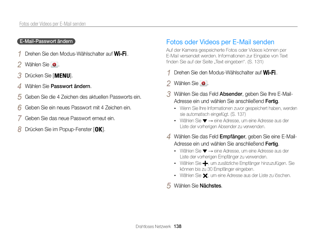 Samsung WB855F, WB850F manual Fotos oder Videos per E-Mail senden, Wählen Sie Passwort ändern, Drücken Sie im Popup-Fenster 