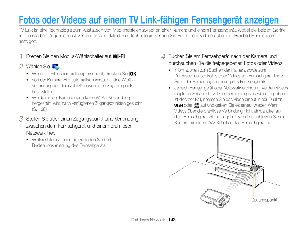 Samsung WB850F, WB855F manual Wenn die Bildschirmmeldung erscheint, drücken Sie, Zugangspunkt Drahtloses Netzwerk 