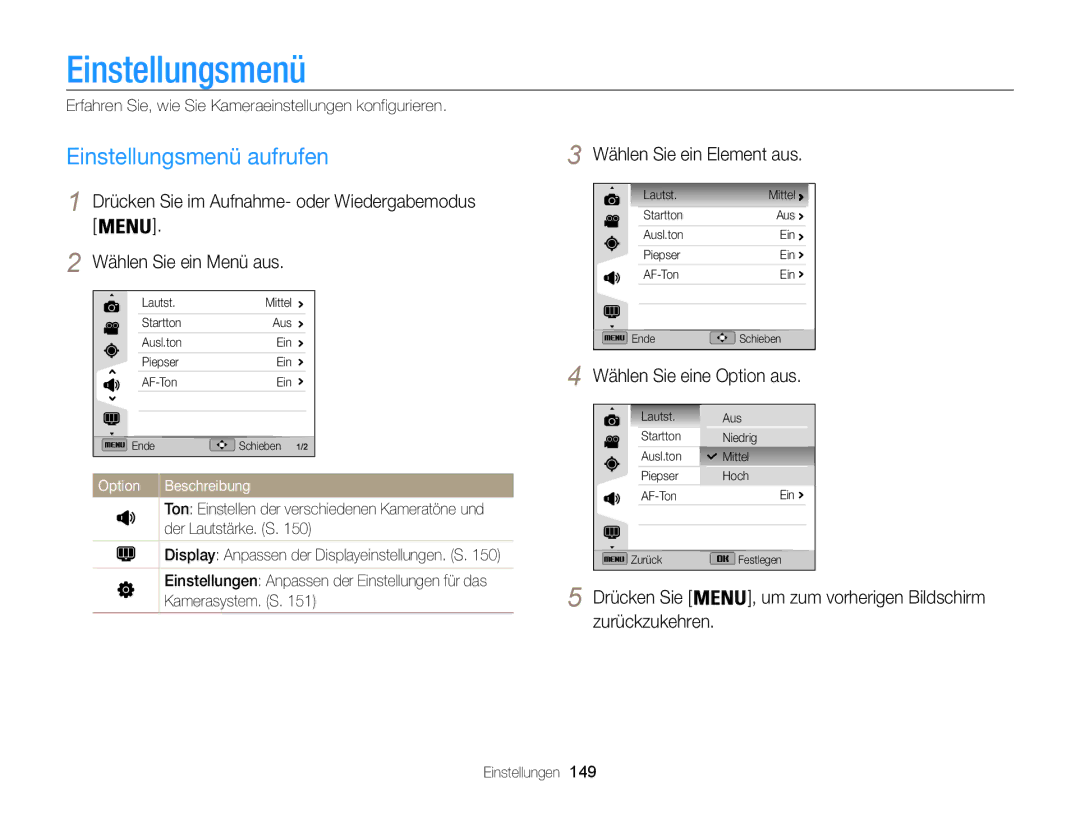 Samsung WB850F, WB855F manual Einstellungsmenü aufrufen, Wählen Sie ein Element aus 