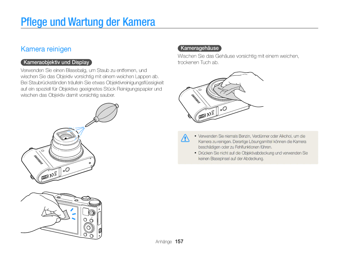 Samsung WB850F, WB855F manual Pflege und Wartung der Kamera, Kamera reinigen, Kameraobjektiv und Display , Kameragehäuse  