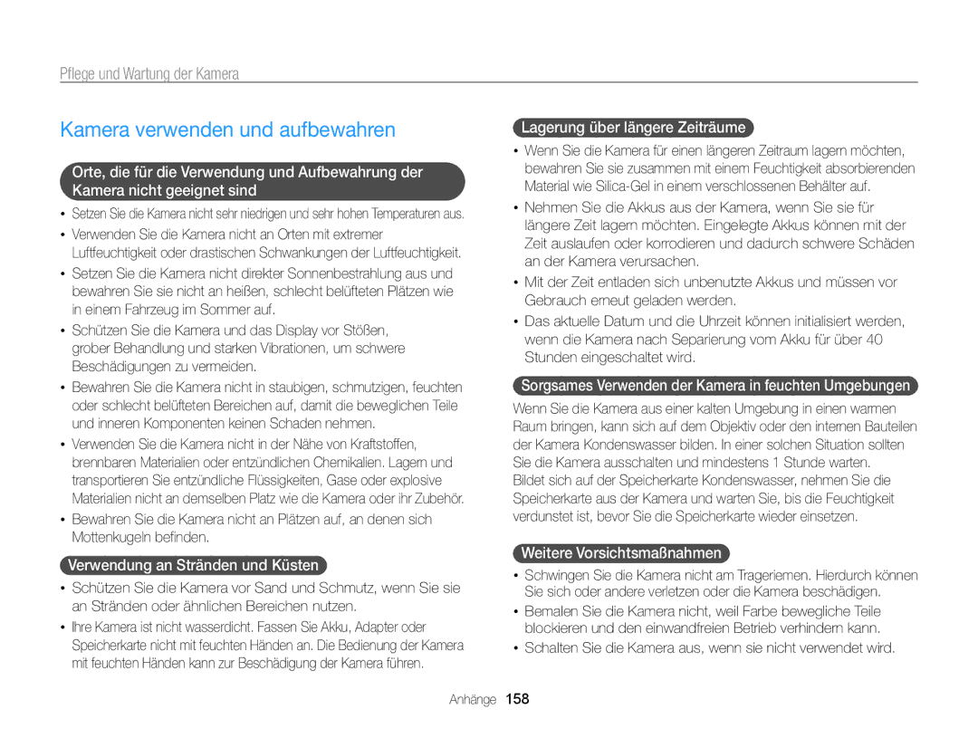 Samsung WB855F, WB850F Kamera verwenden und aufbewahren, Pflege und Wartung der Kamera, Verwendung an Stränden und Küsten  