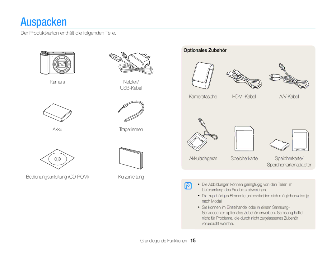 Samsung WB850F, WB855F manual Auspacken, Kameratasche HDMI-Kabel, Grundlegende Funktionen 