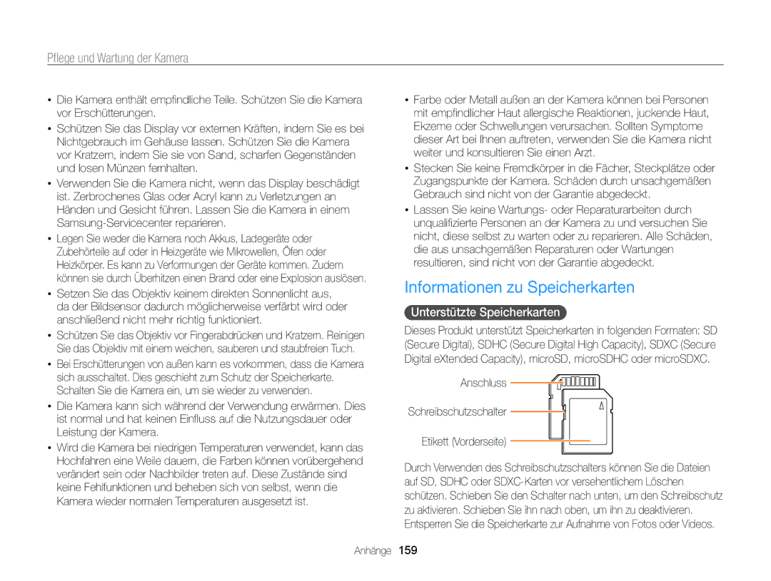 Samsung WB850F, WB855F manual Informationen zu Speicherkarten, Unterstützte Speicherkarten  