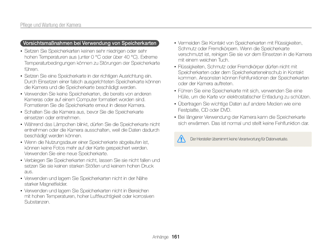 Samsung WB850F, WB855F manual Vorsichtsmaßnahmen bei Verwendung von Speicherkarten  