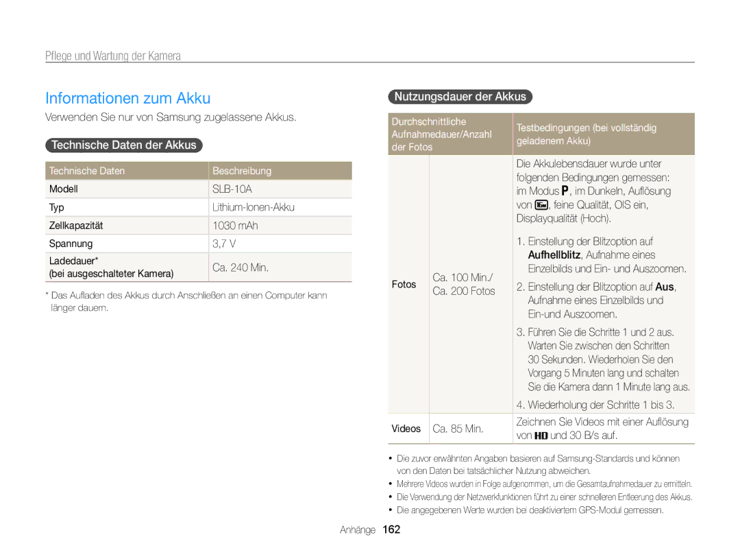 Samsung WB855F, WB850F manual Informationen zum Akku, Technische Daten der Akkus , Nutzungsdauer der Akkus  