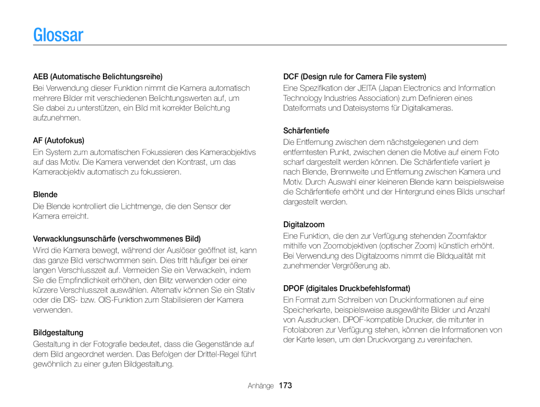 Samsung WB850F, WB855F manual Glossar 