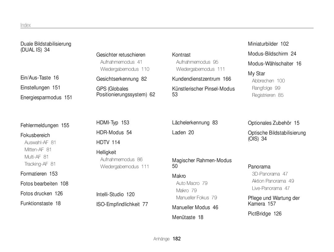 Samsung WB855F, WB850F manual Index, Auswahl-AF Mitten-AF Multi-AF Tracking-AF, Auto Macro Makro Manueller Fokus 