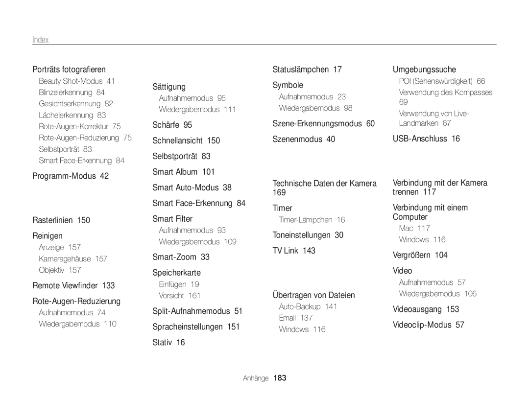 Samsung WB850F, WB855F manual Anzeige Kameragehäuse Objektiv, Aufnahmemodus 74 Wiedergabemodus, Einfügen Vorsicht 