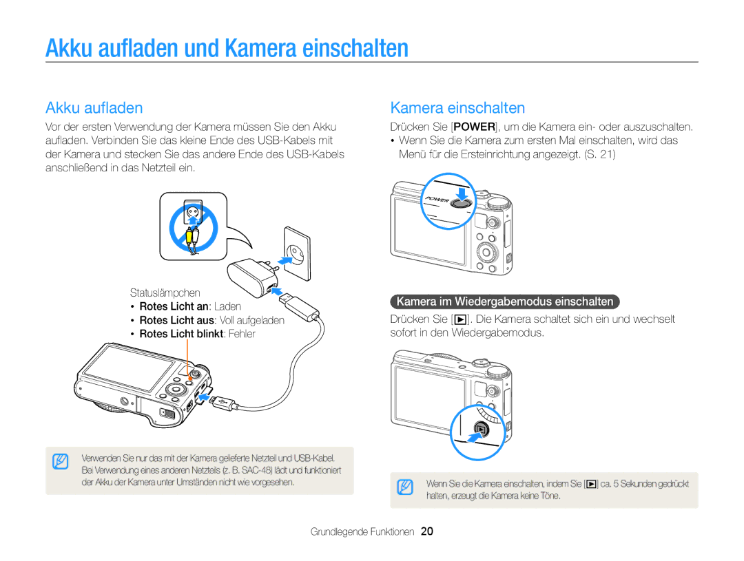 Samsung WB855F, WB850F manual Akku aufladen und Kamera einschalten, Kamera im Wiedergabemodus einschalten  