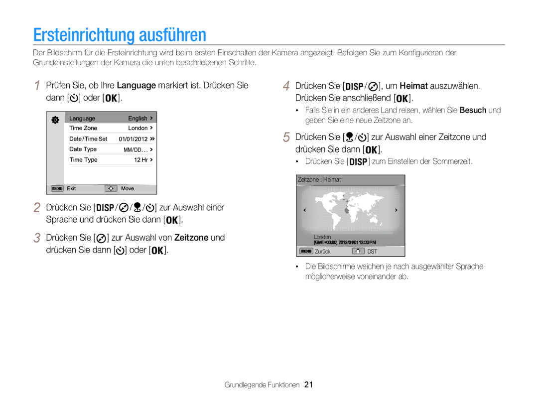 Samsung WB850F, WB855F manual Ersteinrichtung ausführen, Drücken Sie zum Einstellen der Sommerzeit 