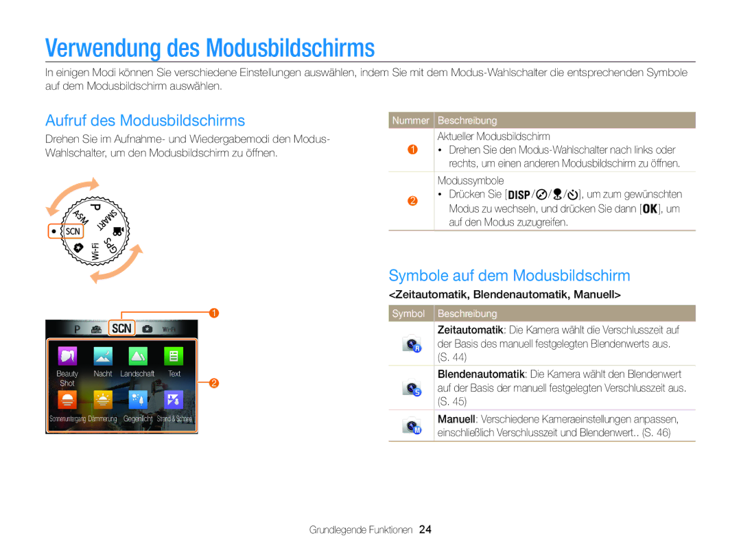 Samsung WB855F, WB850F manual Verwendung des Modusbildschirms, Aufruf des Modusbildschirms, Symbole auf dem Modusbildschirm 