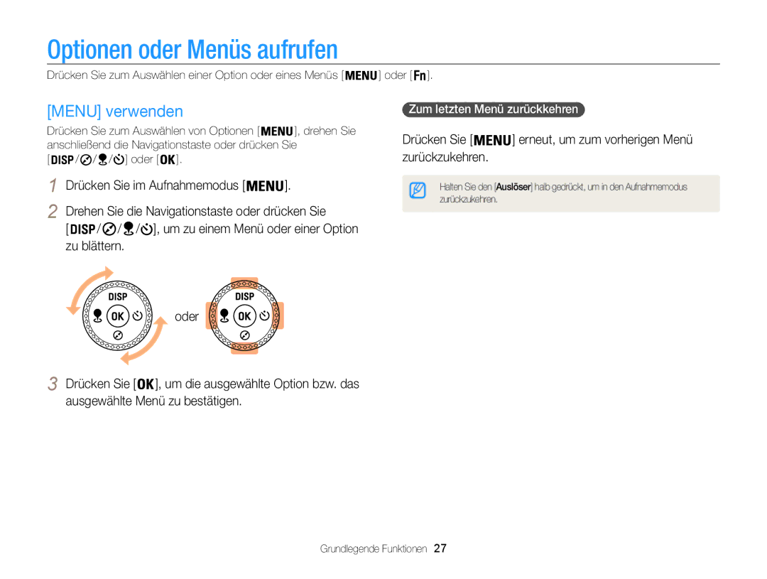 Samsung WB850F, WB855F manual Optionen oder Menüs aufrufen, Menu verwenden, Drücken Sie, Zum letzten Menü zurückkehren  