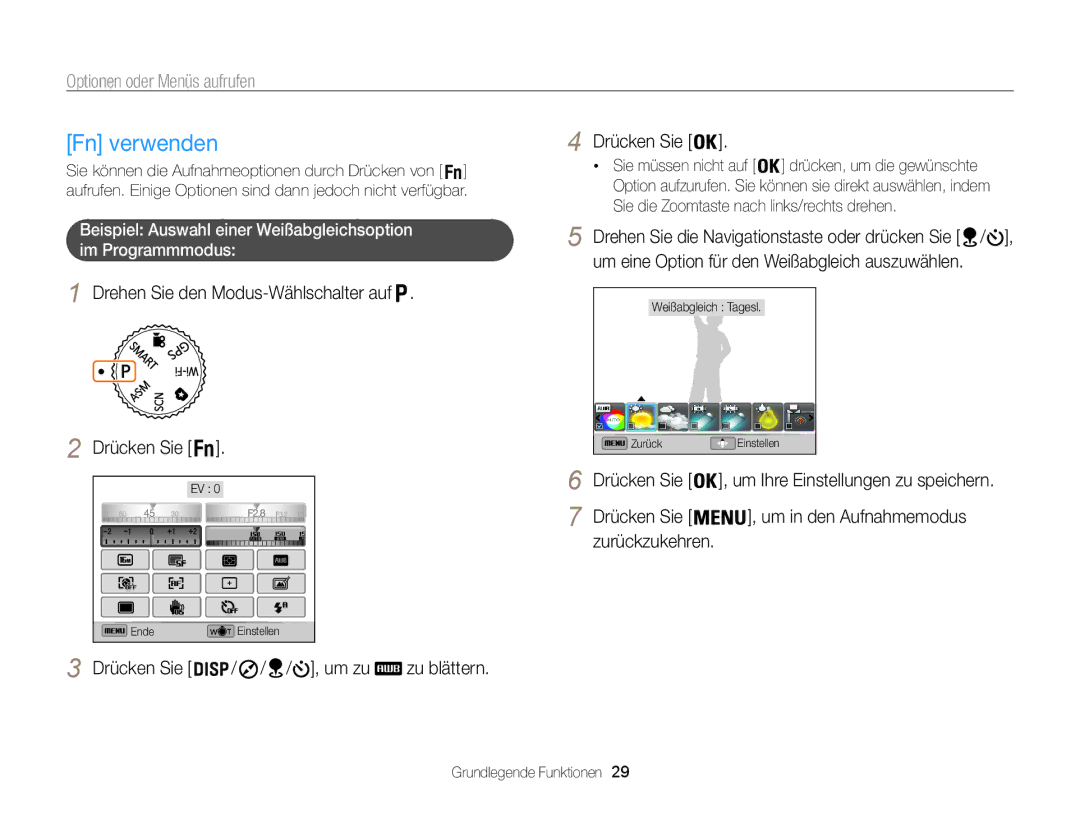 Samsung WB850F, WB855F manual Fn verwenden, Drücken Sie Um zu 