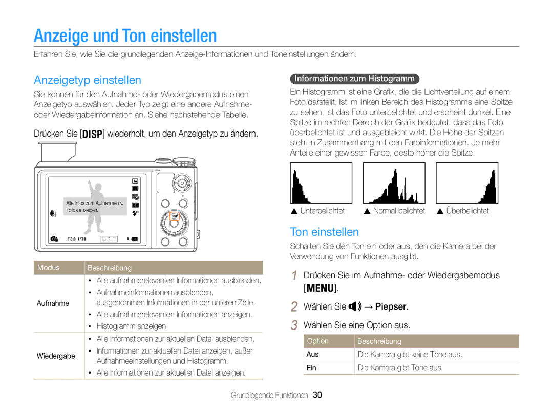 Samsung WB855F, WB850F Anzeige und Ton einstellen, Anzeigetyp einstellen, Wählen Sie → Piepser, Wählen Sie eine Option aus 