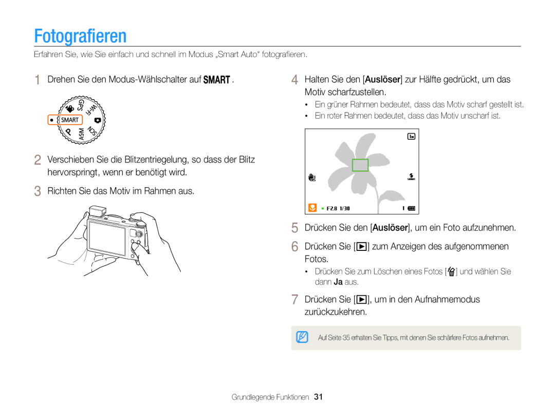 Samsung WB850F, WB855F manual Fotografieren, Drücken Sie , um in den Aufnahmemodus zurückzukehren 