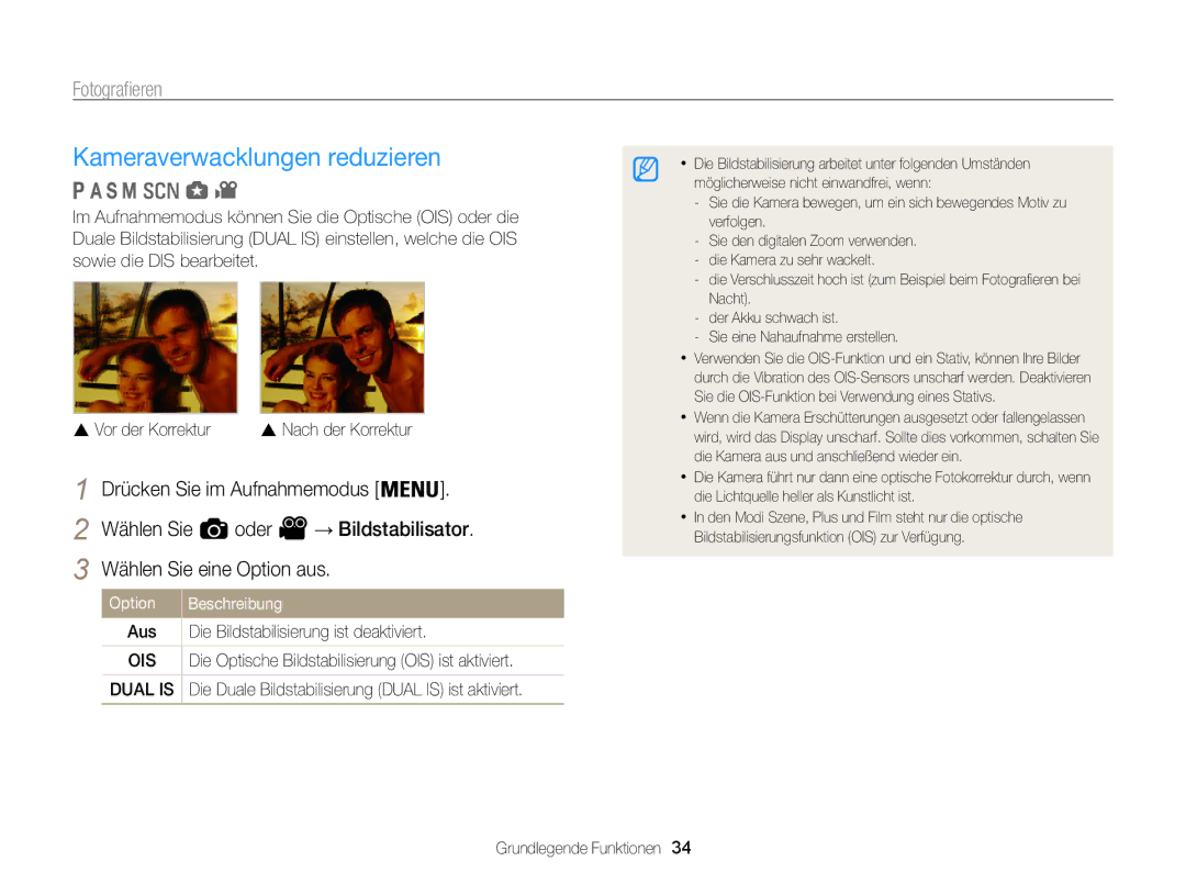 Samsung WB855F, WB850F manual Kameraverwacklungen reduzieren, Option Beschreibung 