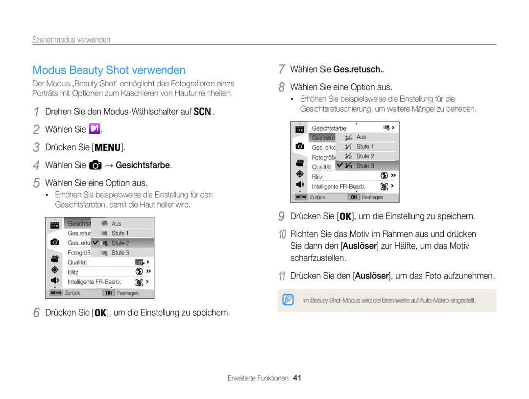 Samsung WB850F, WB855F manual Modus Beauty Shot verwenden, Szenenmodus verwenden, Drehen Sie den Modus-Wählschalter auf 