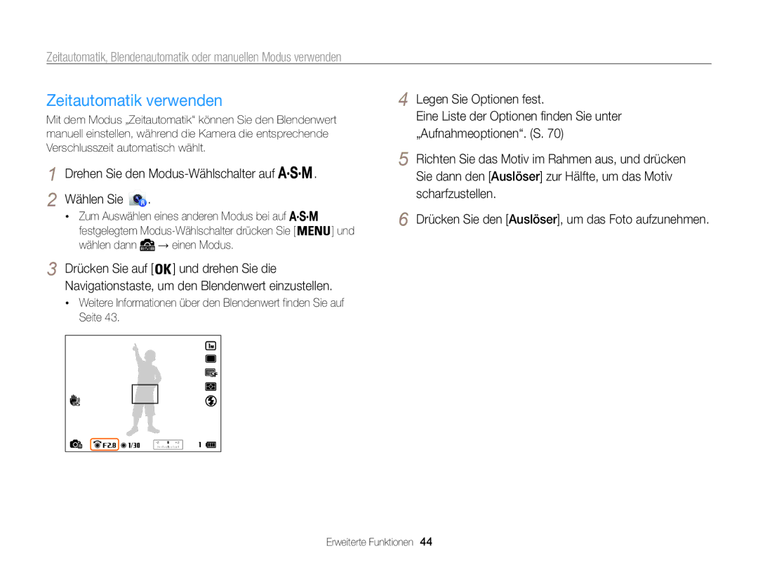 Samsung WB855F, WB850F manual Zeitautomatik verwenden, Drehen Sie den Modus-Wählschalter auf Wählen Sie 