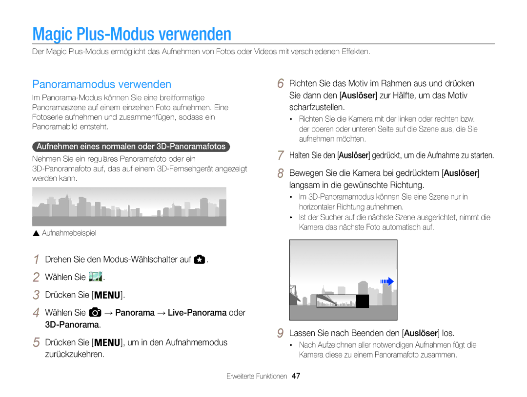 Samsung WB850F, WB855F manual Magic Plus-Modus verwenden, Panoramamodus verwenden, Lassen Sie nach Beenden den Auslöser los 