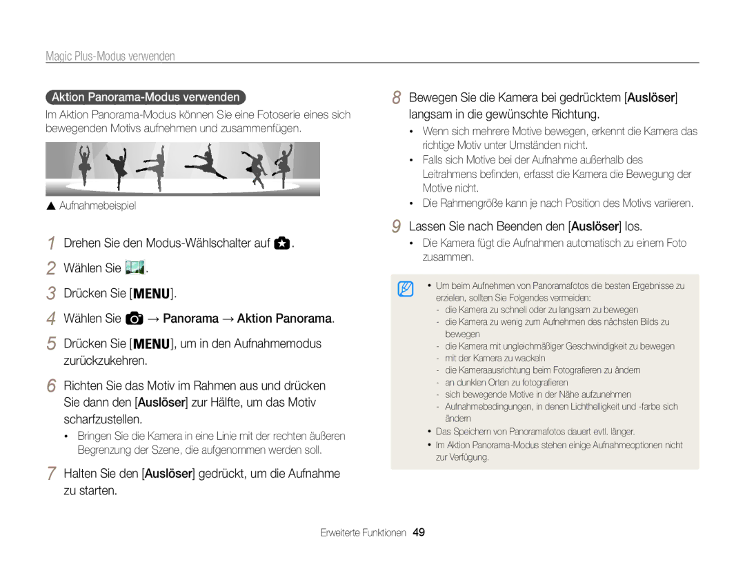 Samsung WB850F, WB855F manual Aktion Panorama-Modus verwenden, Um in den Aufnahmemodus 