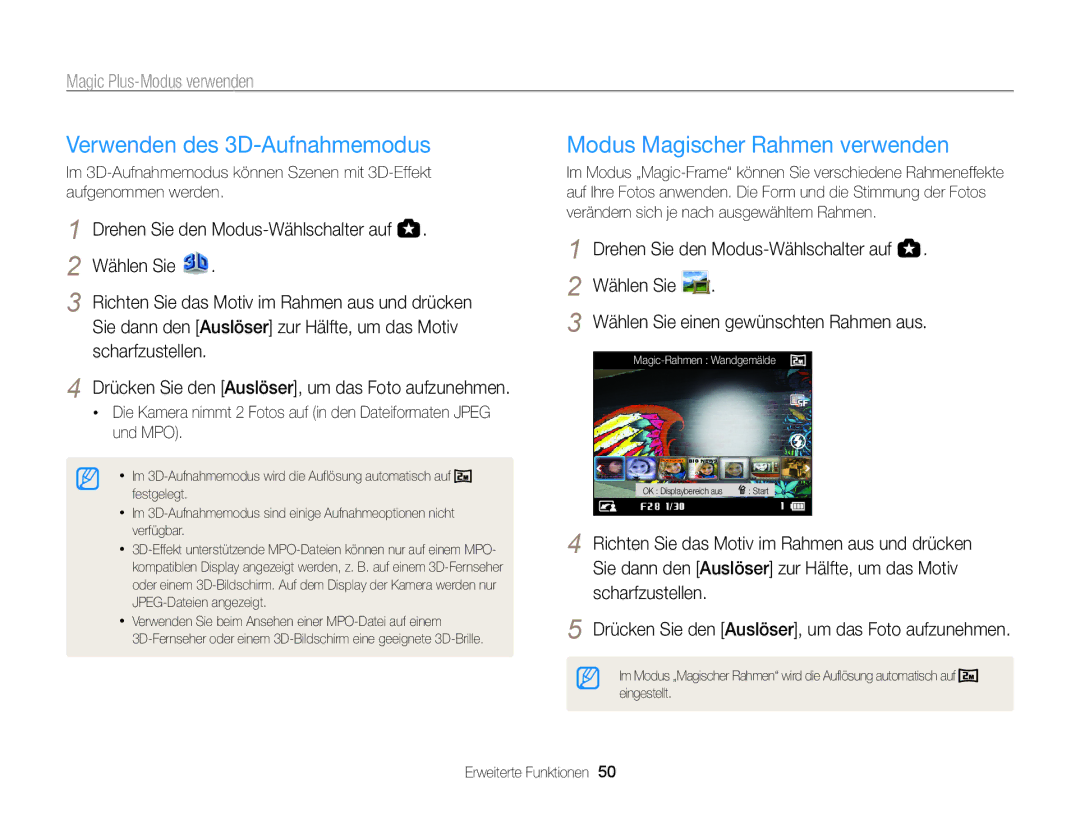 Samsung WB855F, WB850F manual Verwenden des 3D-Aufnahmemodus, Modus Magischer Rahmen verwenden 