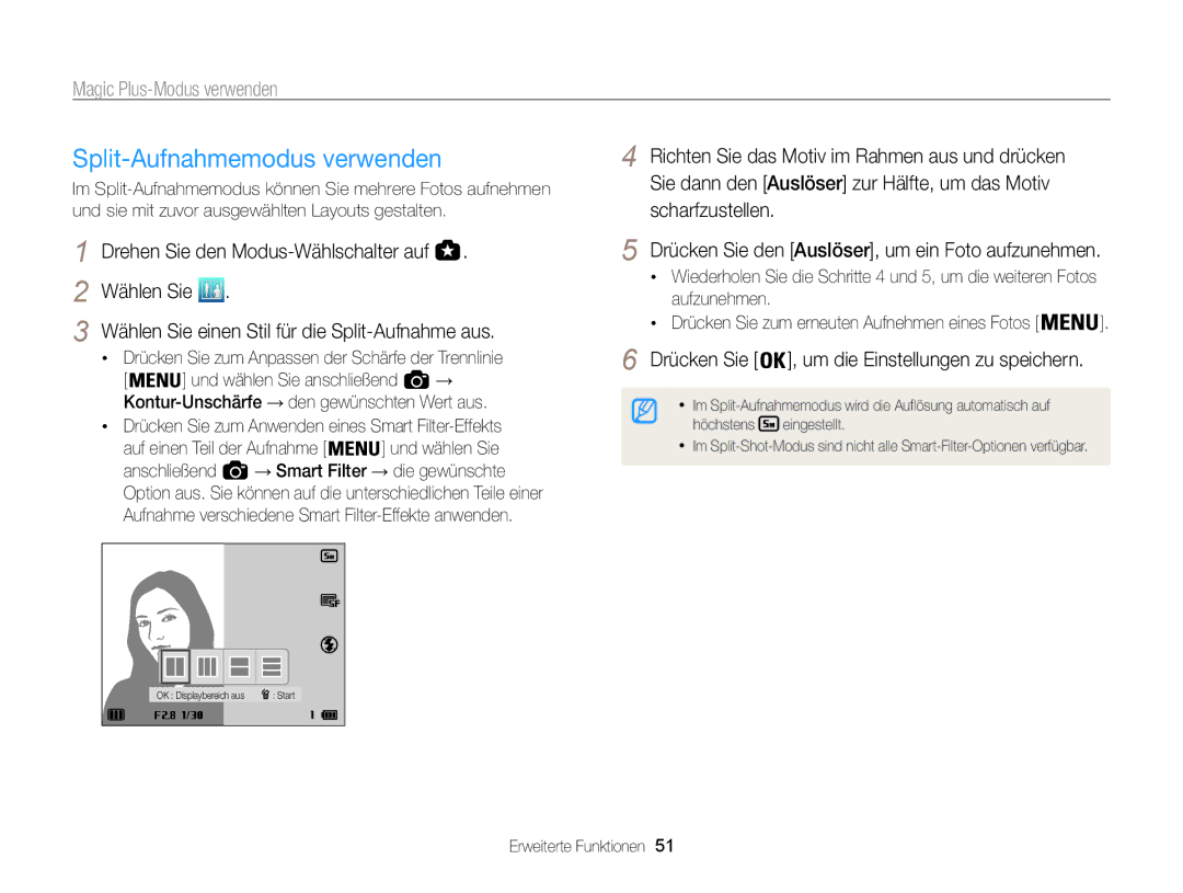 Samsung WB850F, WB855F manual Split-Aufnahmemodus verwenden, Drücken Sie , um die Einstellungen zu speichern 