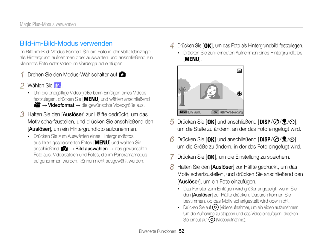 Samsung WB855F, WB850F manual Bild-im-Bild-Modus verwenden, Drücken Sie , um die Einstellung zu speichern 