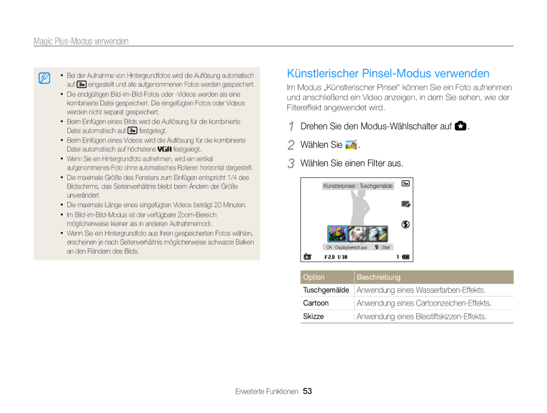 Samsung WB850F, WB855F manual Künstlerischer Pinsel-Modus verwenden, Wählen Sie Wählen Sie einen Filter aus, Cartoon 