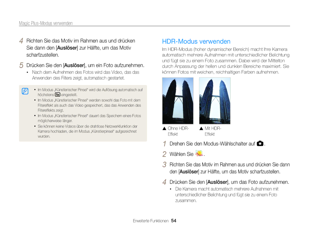 Samsung WB855F, WB850F manual HDR-Modus verwenden,  Ohne HDR, Effekt 