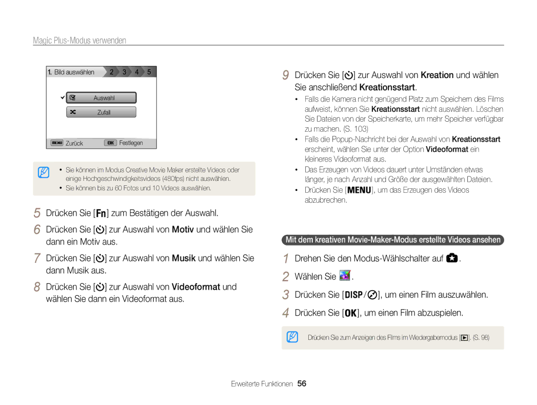 Samsung WB855F, WB850F manual Wählen Sie Drücken Sie Um einen Film auszuwählen, Abzubrechen, Um einen Film abzuspielen 