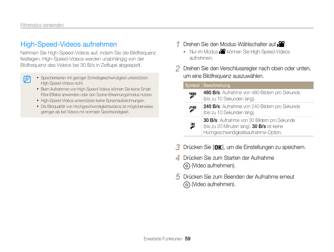 Samsung WB850F, WB855F manual High-Speed-Videos aufnehmen, Nur im Modus, Aufnehmen 