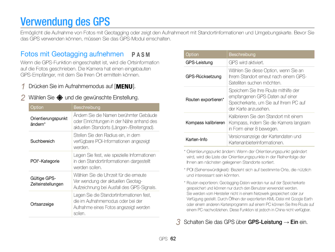 Samsung WB855F manual Verwendung des GPS, Fotos mit Geotagging aufnehmen, Schalten Sie das GPS über GPS-Leistung → Ein ein 