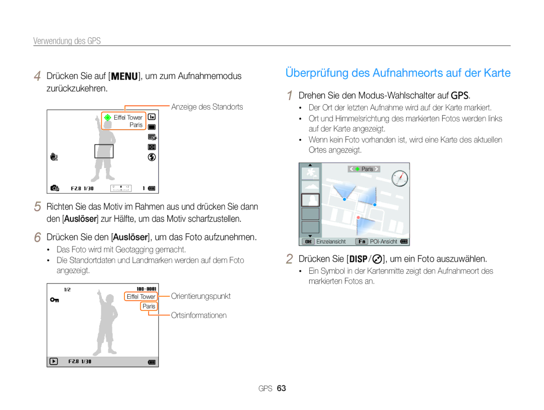 Samsung WB850F manual Überprüfung des Aufnahmeorts auf der Karte, Verwendung des GPS, Drehen Sie den Modus-Wahlschalter auf 