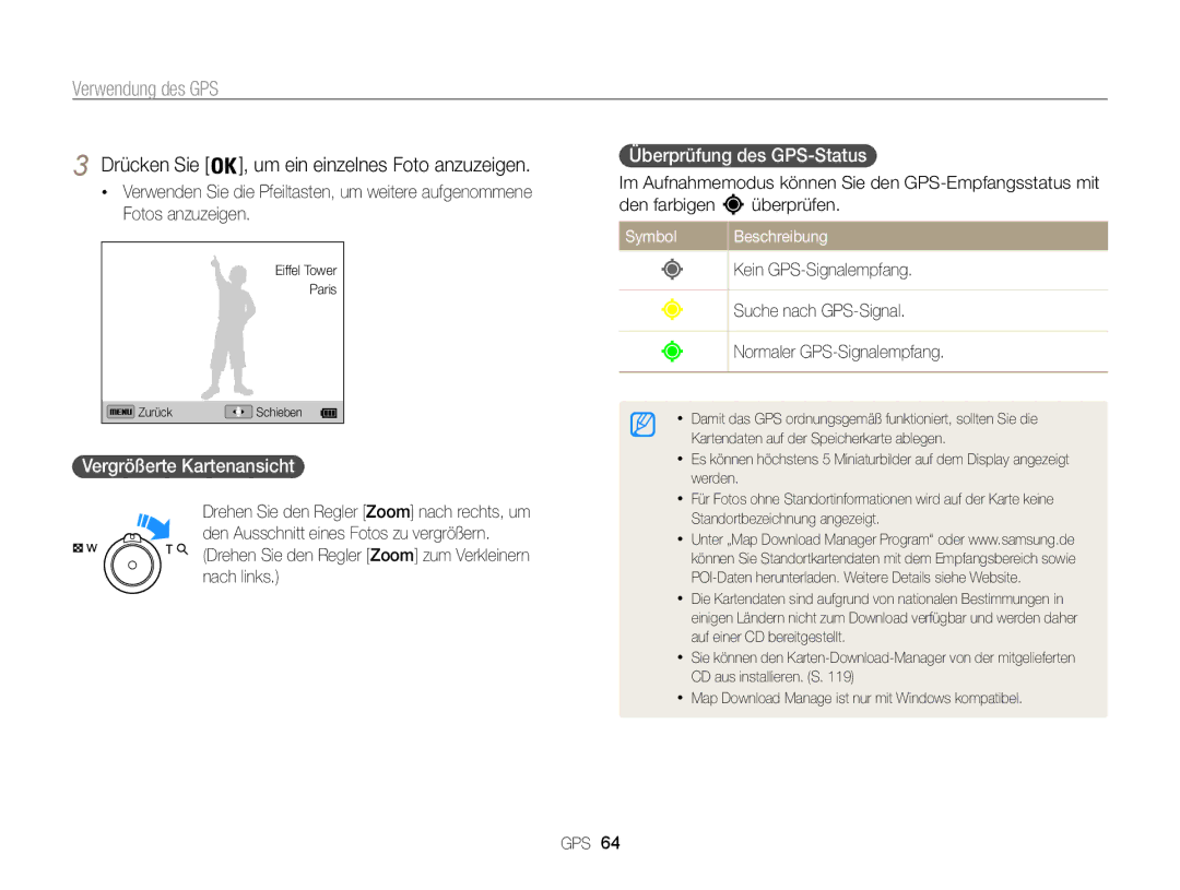 Samsung WB855F manual Überprüfung des GPS-Status, Vergrößerte Kartenansicht, Um ein einzelnes Foto anzuzeigen, Den farbigen 