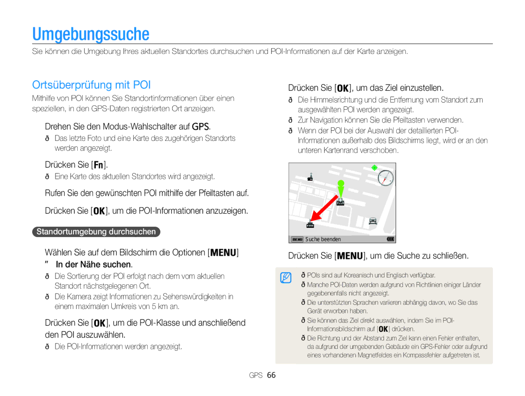 Samsung WB855F manual Umgebungssuche, Ortsüberprüfung mit POI, Drücken Sie , um das Ziel einzustellen, → In der Nähe suchen 