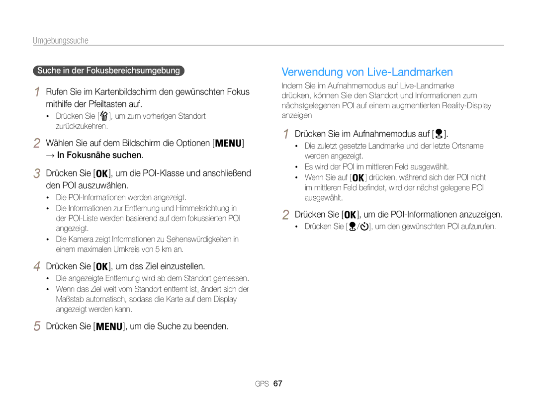 Samsung WB850F, WB855F manual Verwendung von Live-Landmarken, Umgebungssuche 