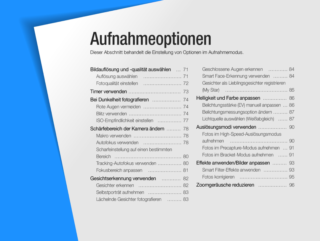 Samsung WB855F, WB850F Timer verwenden ……………………………, Helligkeit und Farbe anpassen ………………, Auslösungsmodi verwenden ………………… 