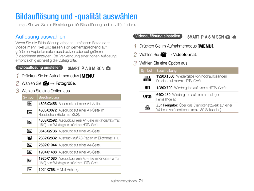 Samsung WB850F, WB855F manual Bildauflösung und -qualität auswählen, Auflösung auswählen, Wählen Sie → Videoformat 