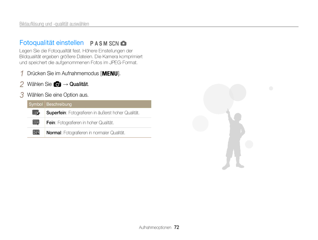 Samsung WB855F, WB850F manual Fotoqualität einstellen, Bildauflösung und -qualität auswählen 