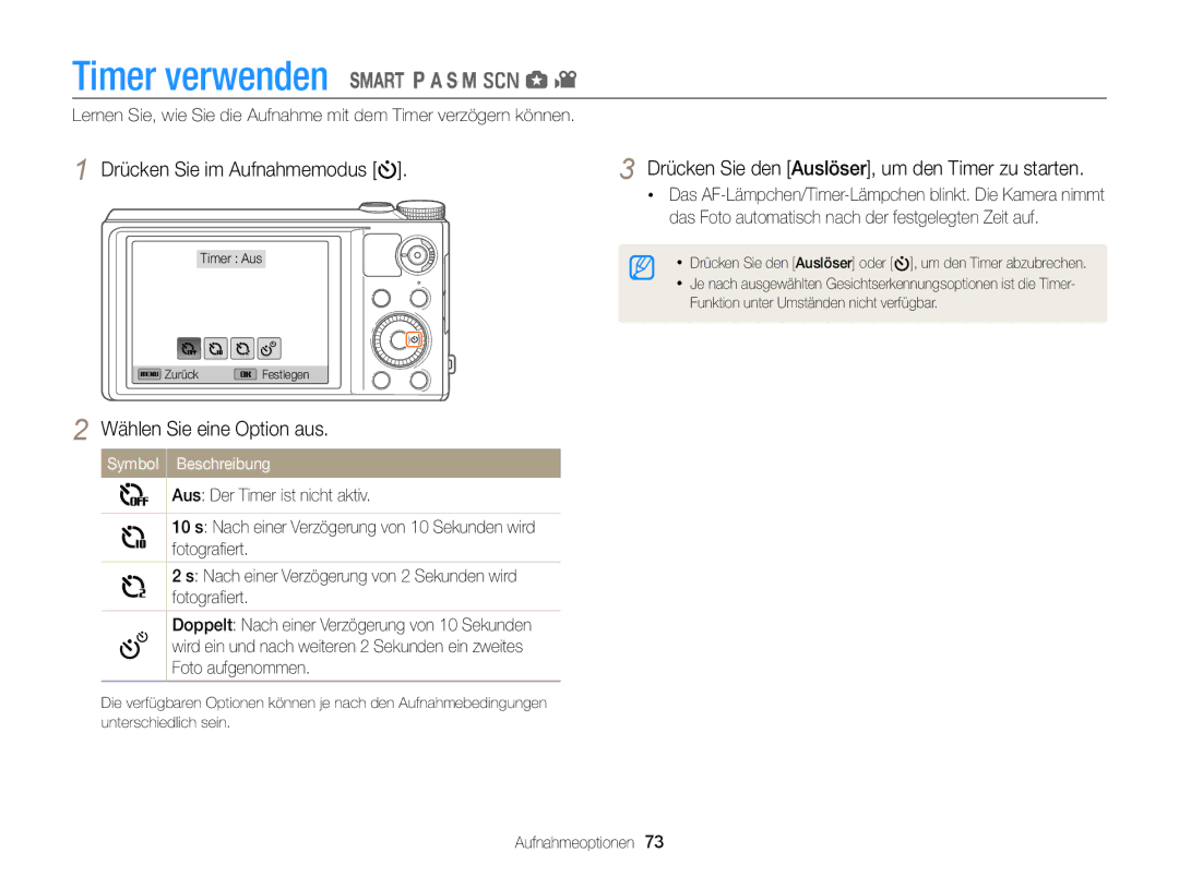 Samsung WB850F, WB855F manual Timer verwenden, Drücken Sie den Auslöser, um den Timer zu starten 