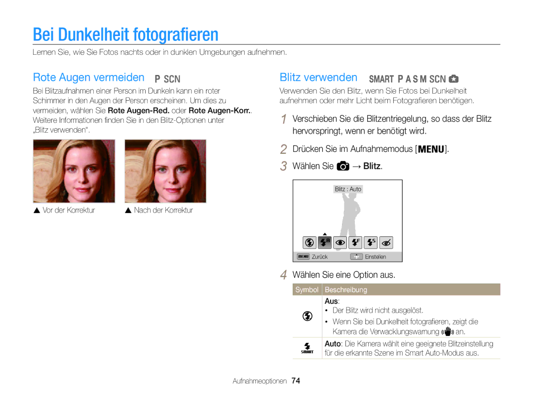 Samsung WB855F, WB850F manual Bei Dunkelheit fotografieren, Rote Augen vermeiden, „Blitz verwenden  Vor der Korrektur 