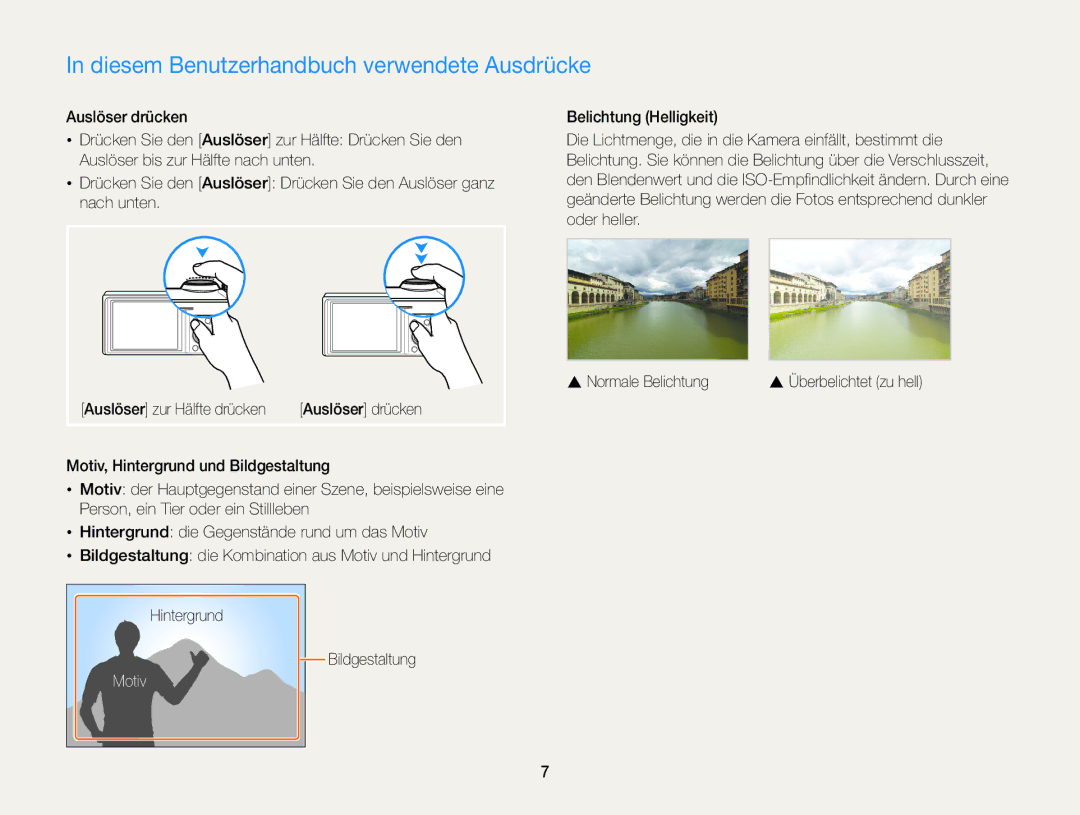 Samsung WB850F, WB855F manual Diesem Benutzerhandbuch verwendete Ausdrücke, Motiv,  Normale Belichtung 