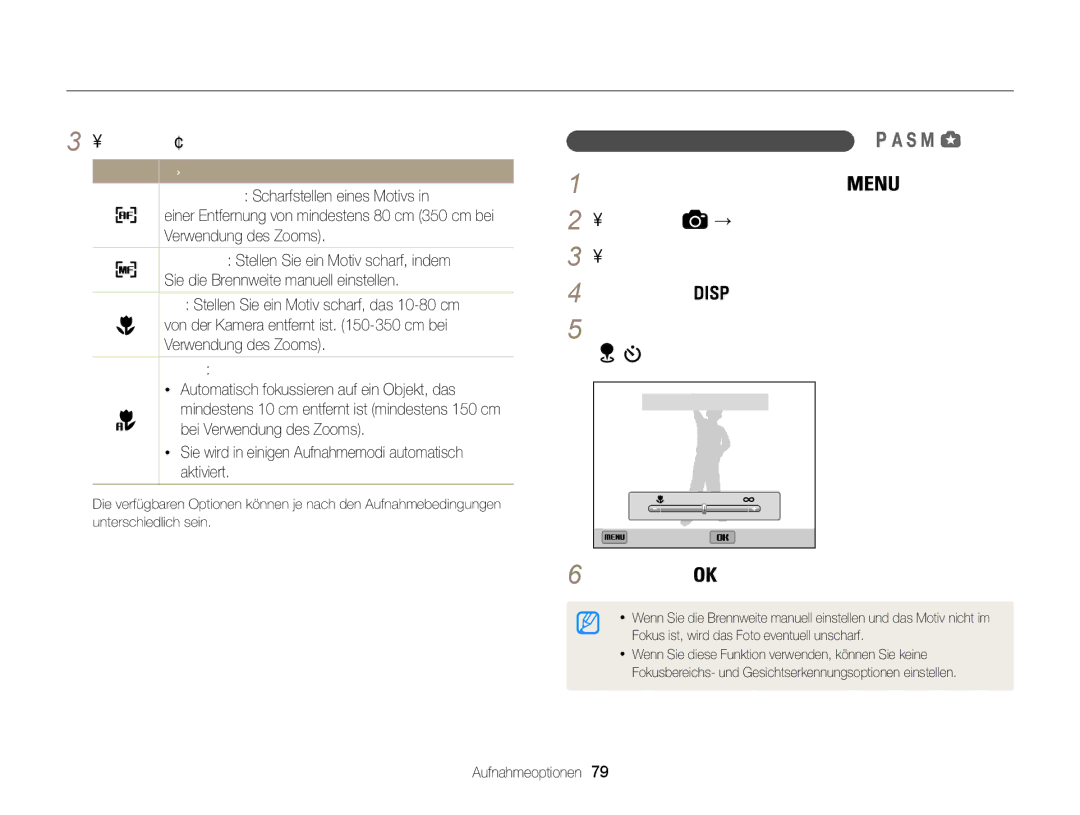 Samsung WB850F, WB855F manual Schärfebereich der Kamera ändern, Manuelles Einstellen der Brennweite  