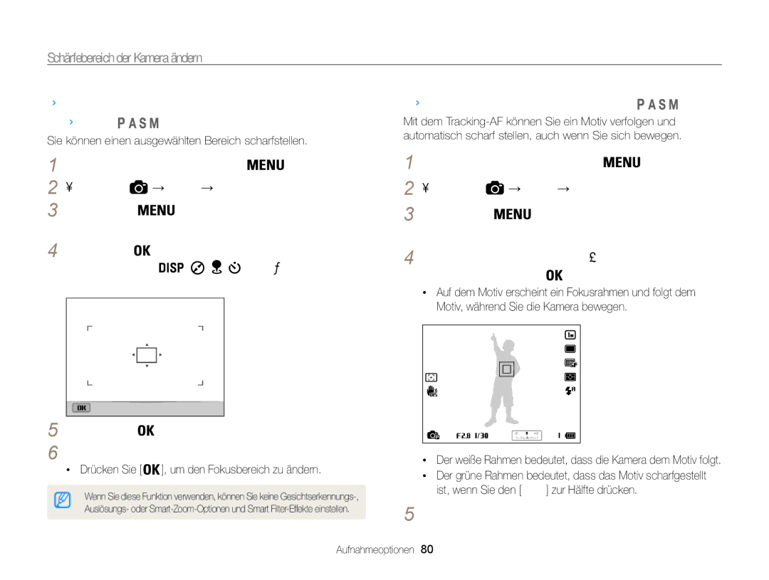 Samsung WB855F, WB850F manual Scharfeinstellung auf einen bestimmten Bereich, Tracking-Autofokus verwenden 