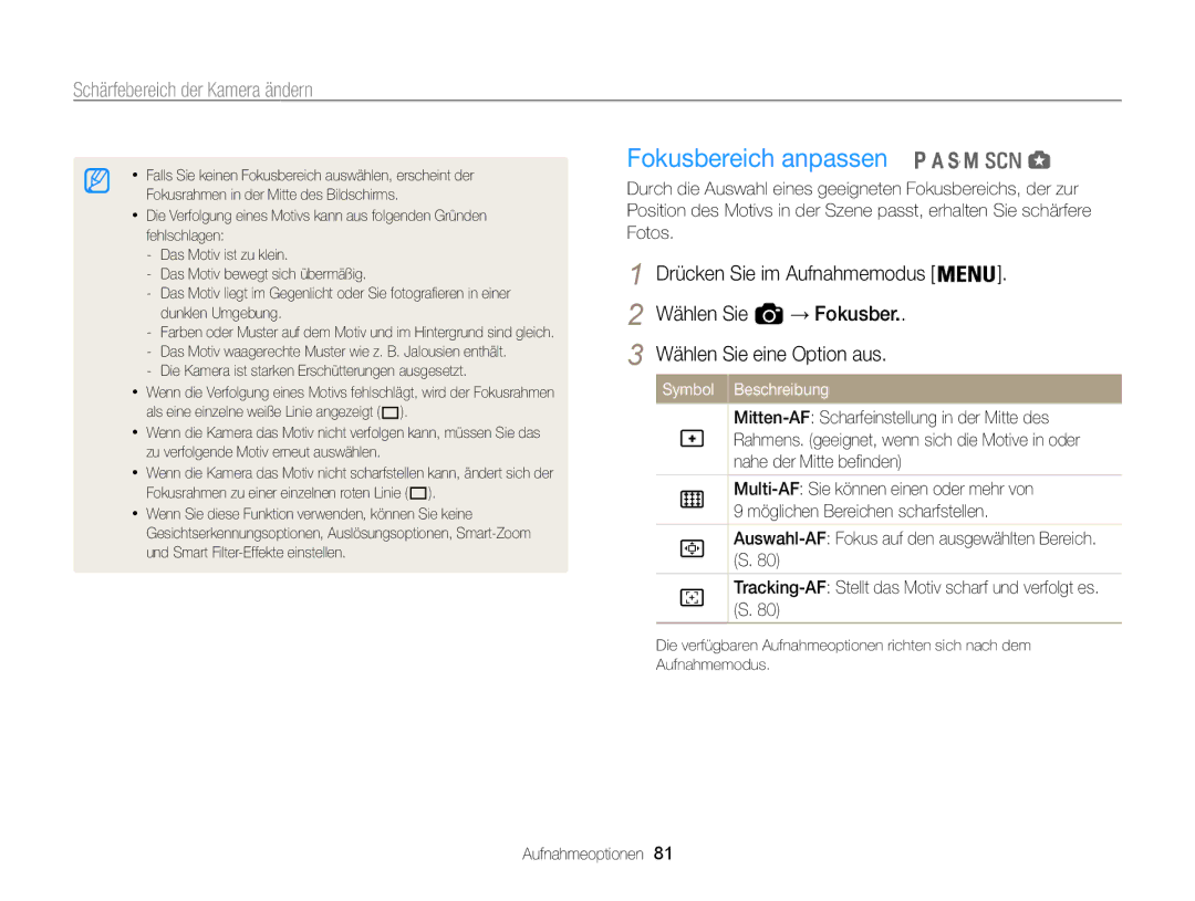 Samsung WB850F, WB855F manual Fokusbereich anpassen 