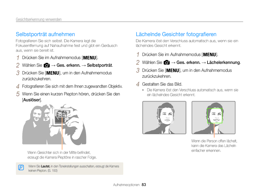 Samsung WB850F, WB855F manual Selbstporträt aufnehmen, Lächelnde Gesichter fotografieren, Gesichtserkennung verwenden 