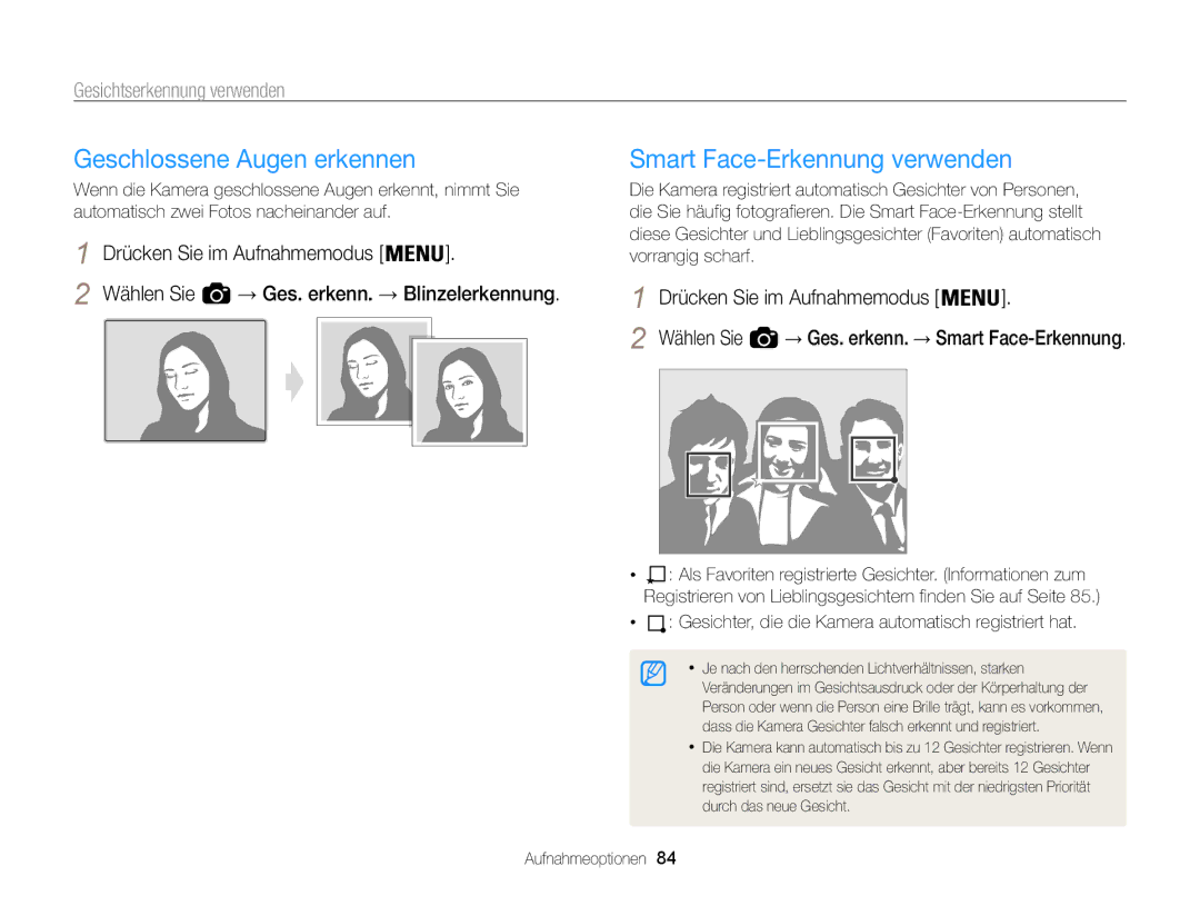 Samsung WB855F, WB850F manual Geschlossene Augen erkennen, Smart Face-Erkennung verwenden 