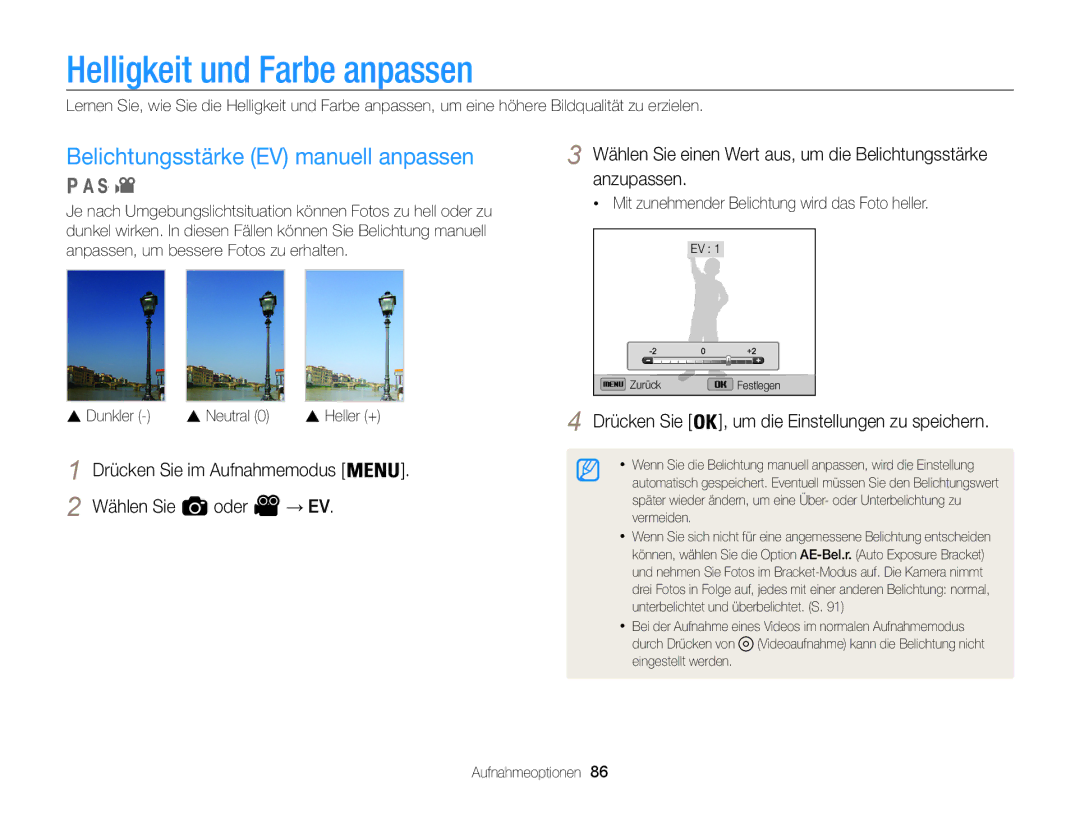 Samsung WB855F, WB850F manual Helligkeit und Farbe anpassen, Belichtungsstärke EV manuell anpassen,  Dunkler  Neutral 