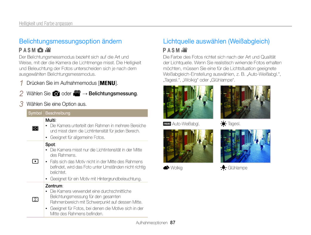 Samsung WB850F manual Belichtungsmessungsoption ändern, Helligkeit und Farbe anpassen, Multi, Auto-Weißabgl. Tagesl Wolkig 